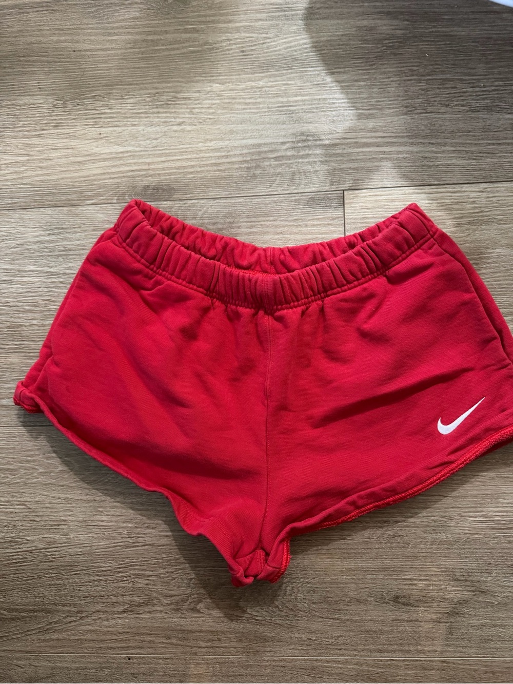 Nike Women's Bright Red Athletic Shorts with White Swoosh